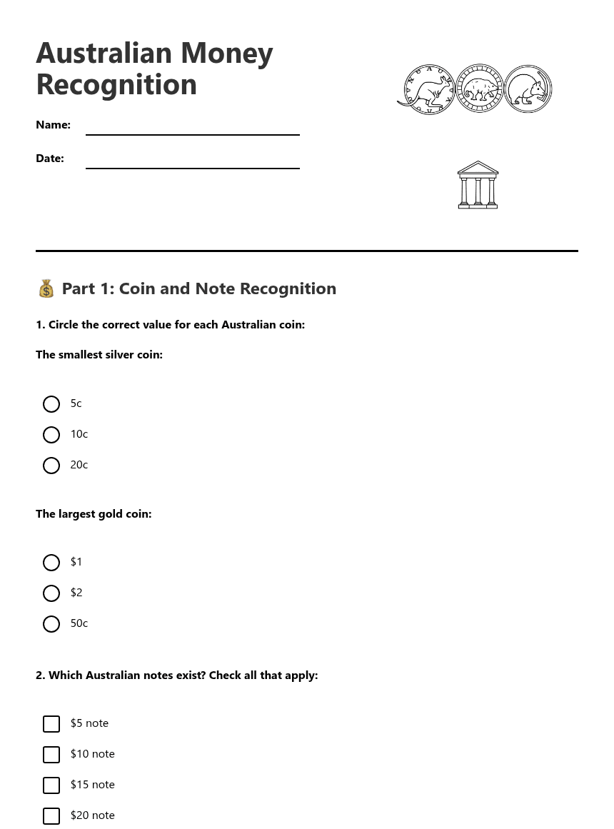 Australian Money Recognition worksheet preview