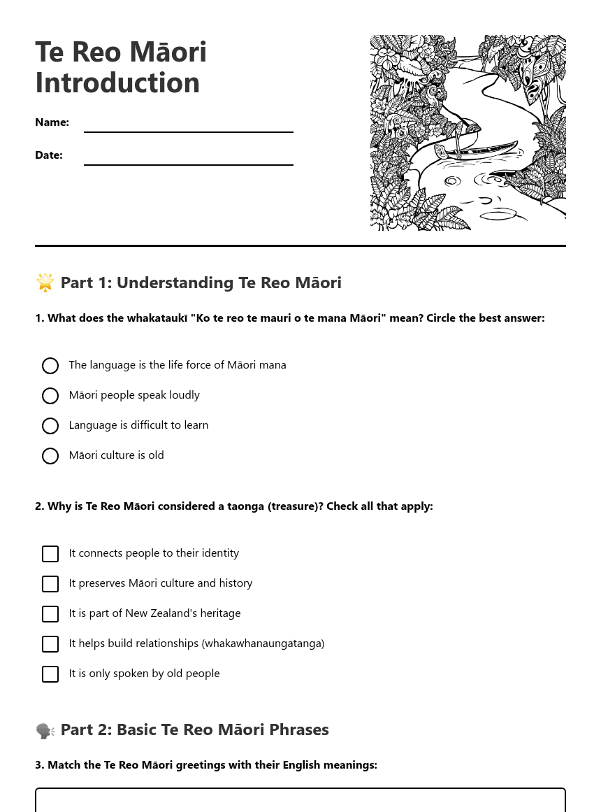 Te Reo Māori Introduction worksheet preview