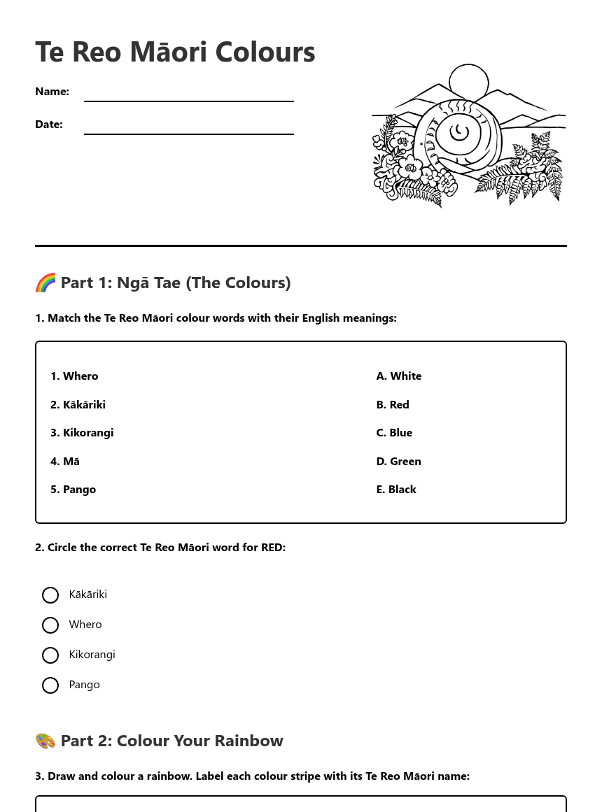 Te Reo Māori Colours worksheet preview