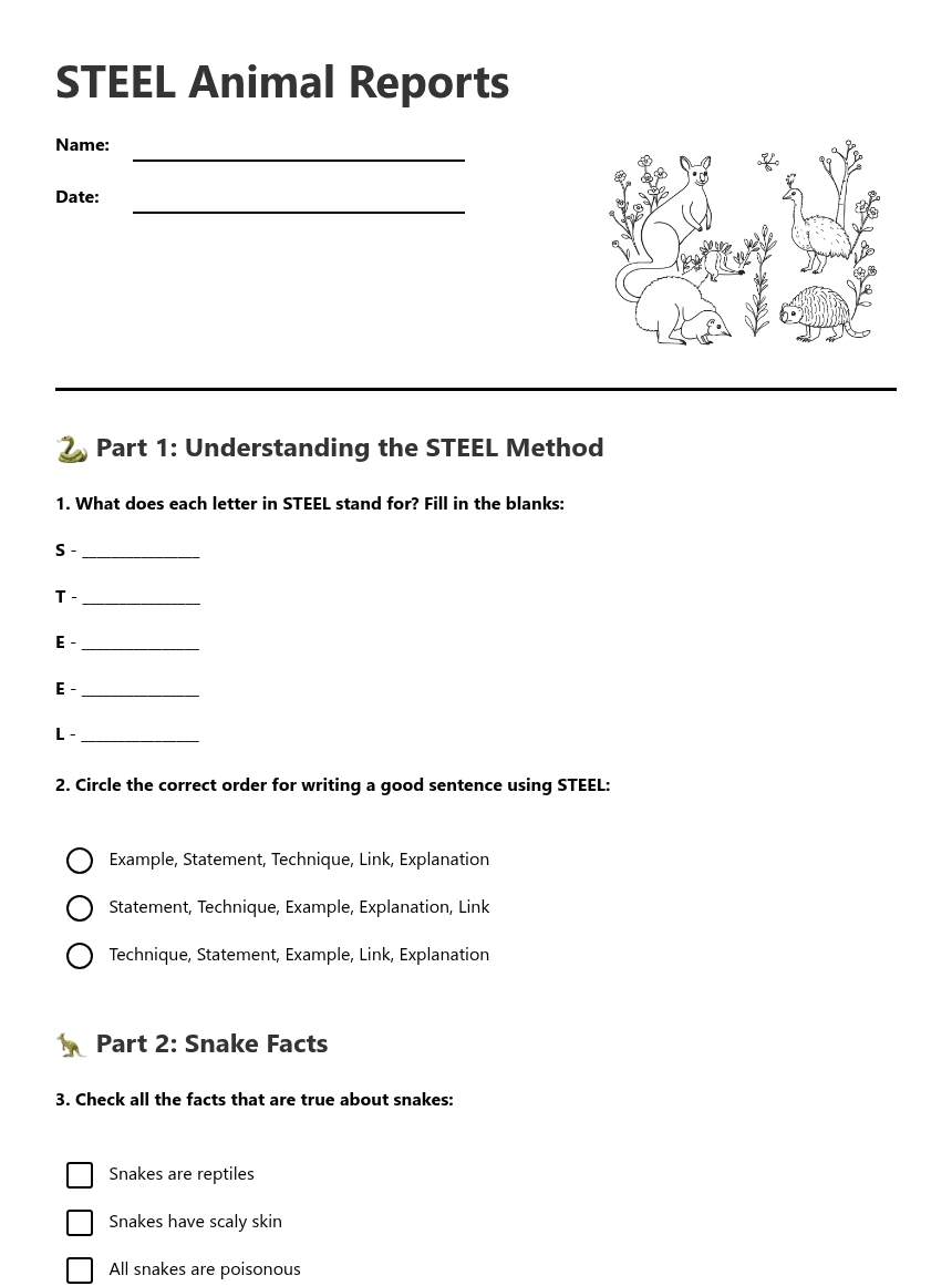 STEEL Animal Reports worksheet preview