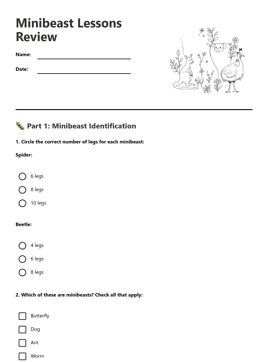 Minibeast Lessons Review worksheet preview