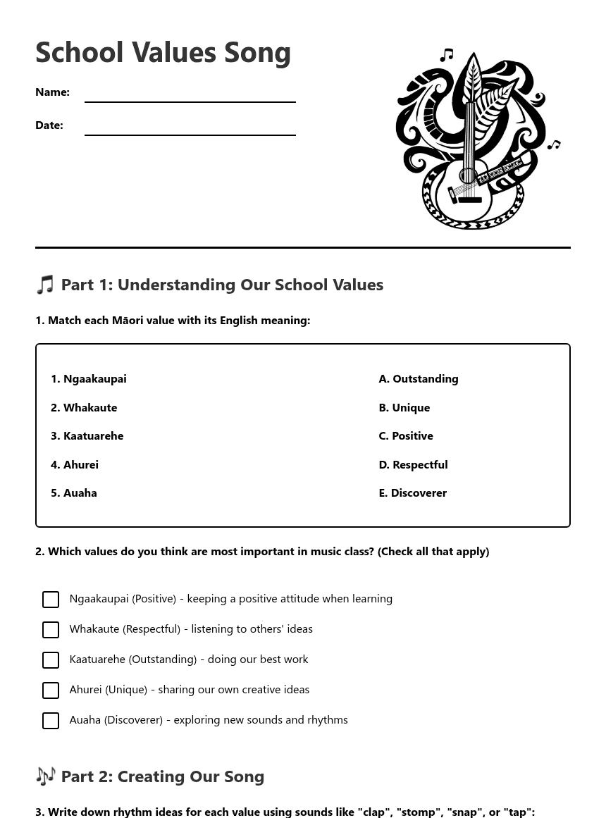 School Values Song worksheet preview