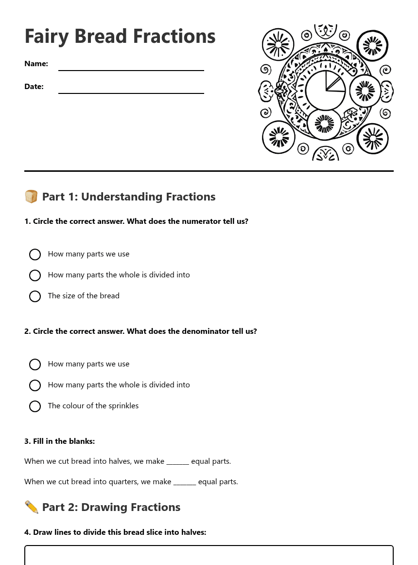 Fairy Bread Fractions worksheet preview