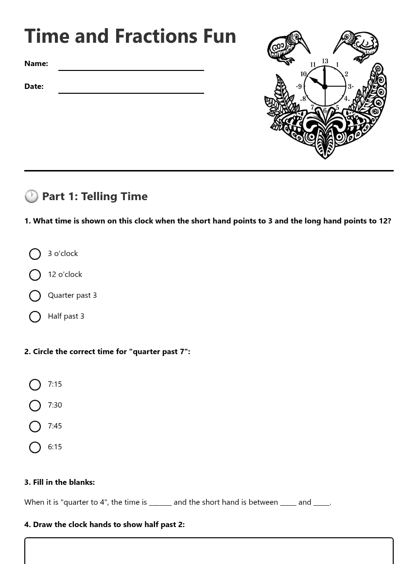 Time and Fractions Fun worksheet preview