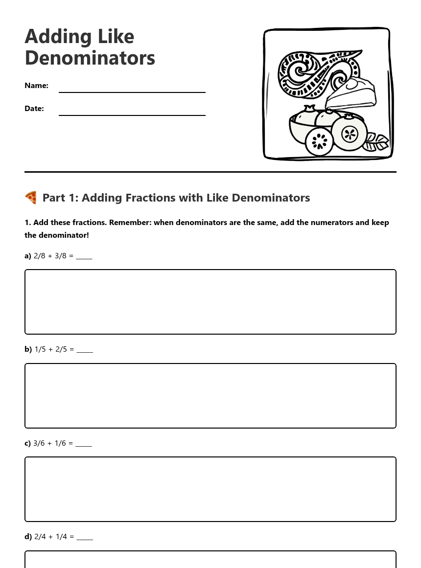 Adding Like Denominators worksheet preview
