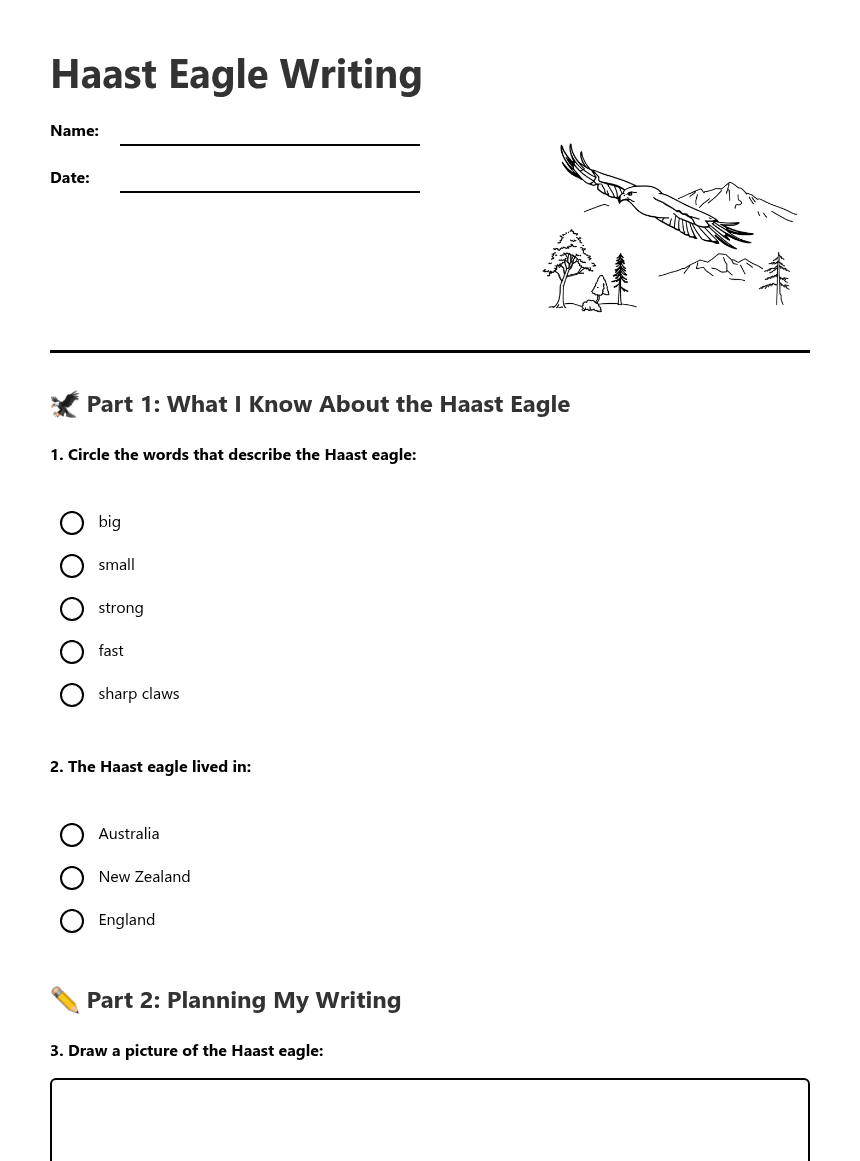 Haast Eagle Writing worksheet preview