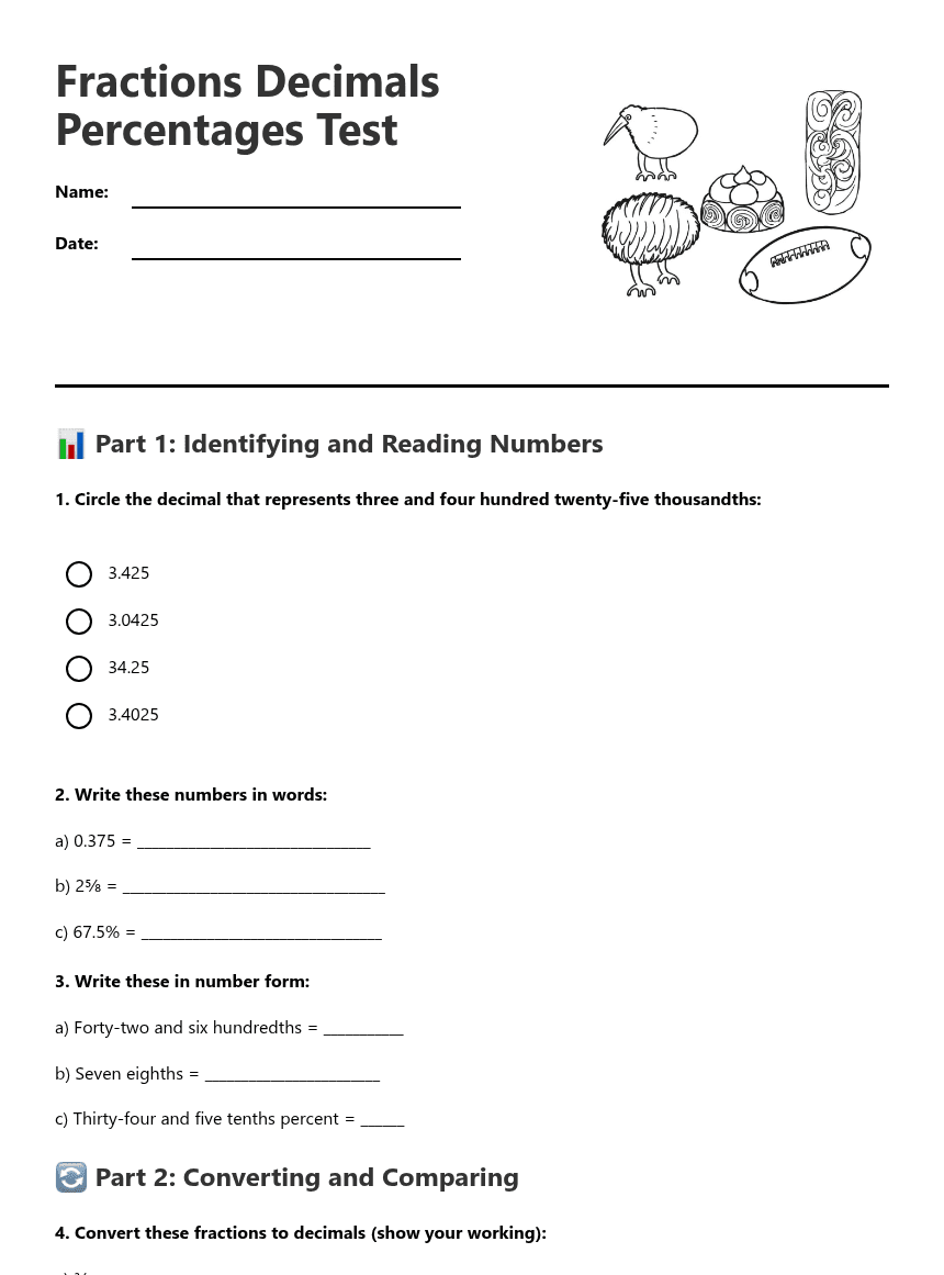 Fractions Decimals Percentages Test worksheet preview