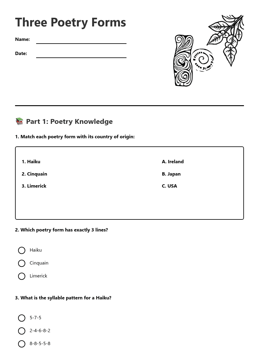 Three Poetry Forms worksheet preview