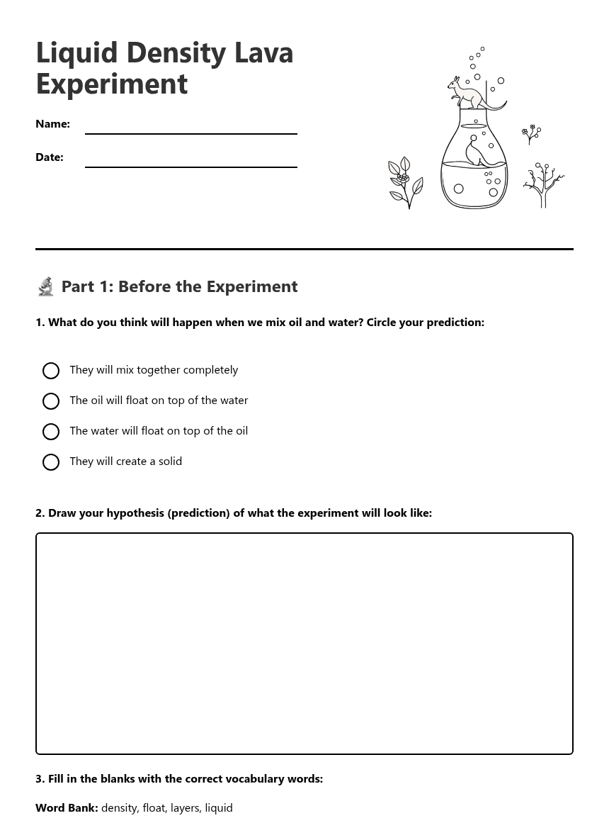 Liquid Density Lava Experiment worksheet preview