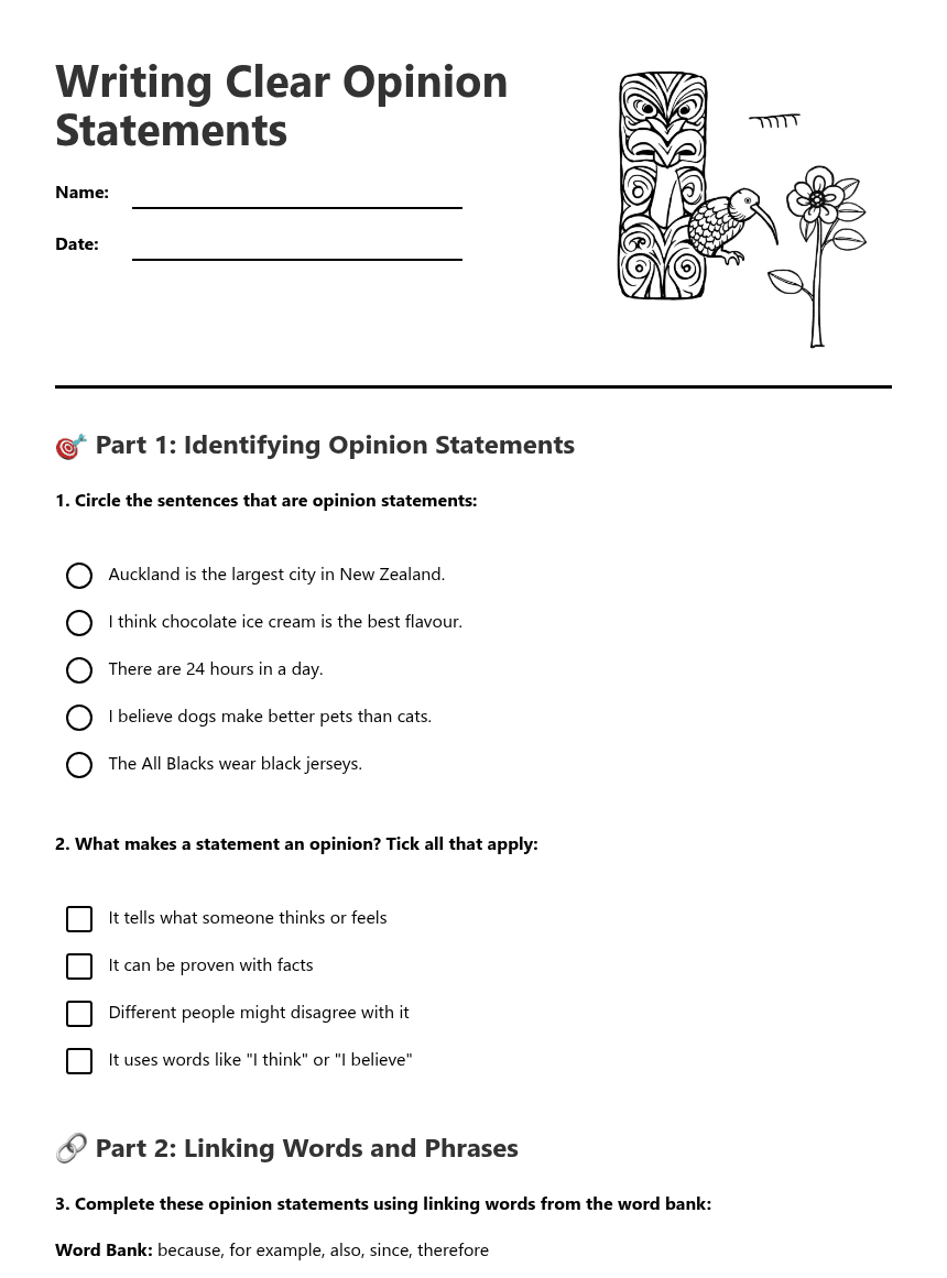 Writing Clear Opinion Statements worksheet preview