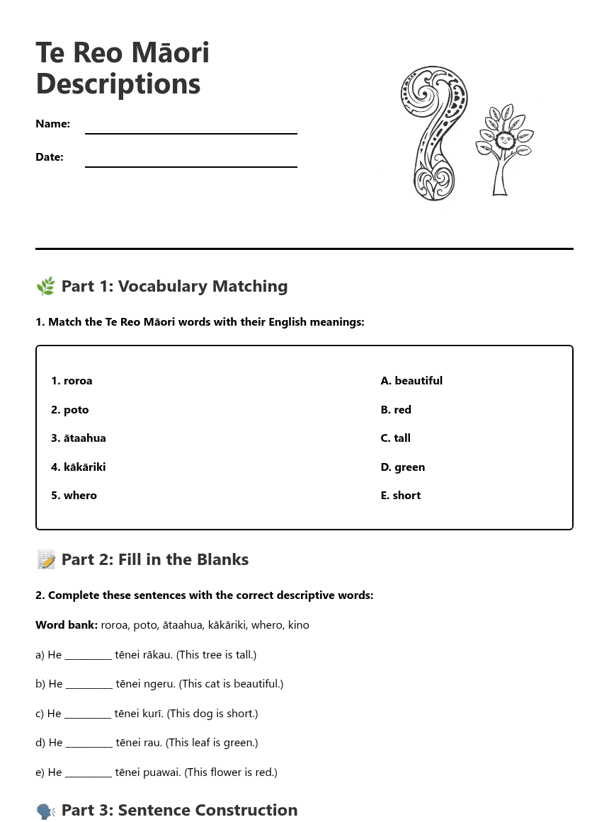 Te Reo Māori Descriptions worksheet preview
