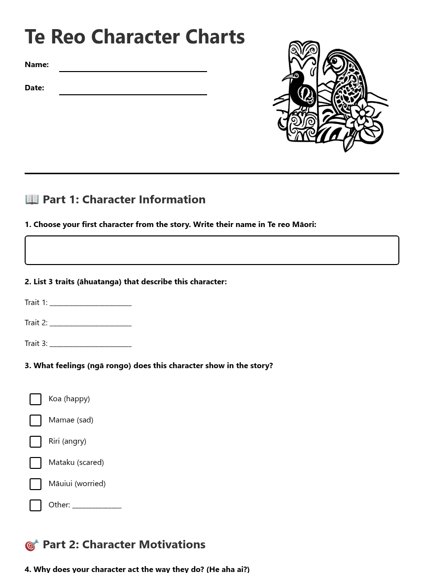 Te Reo Character Charts worksheet preview