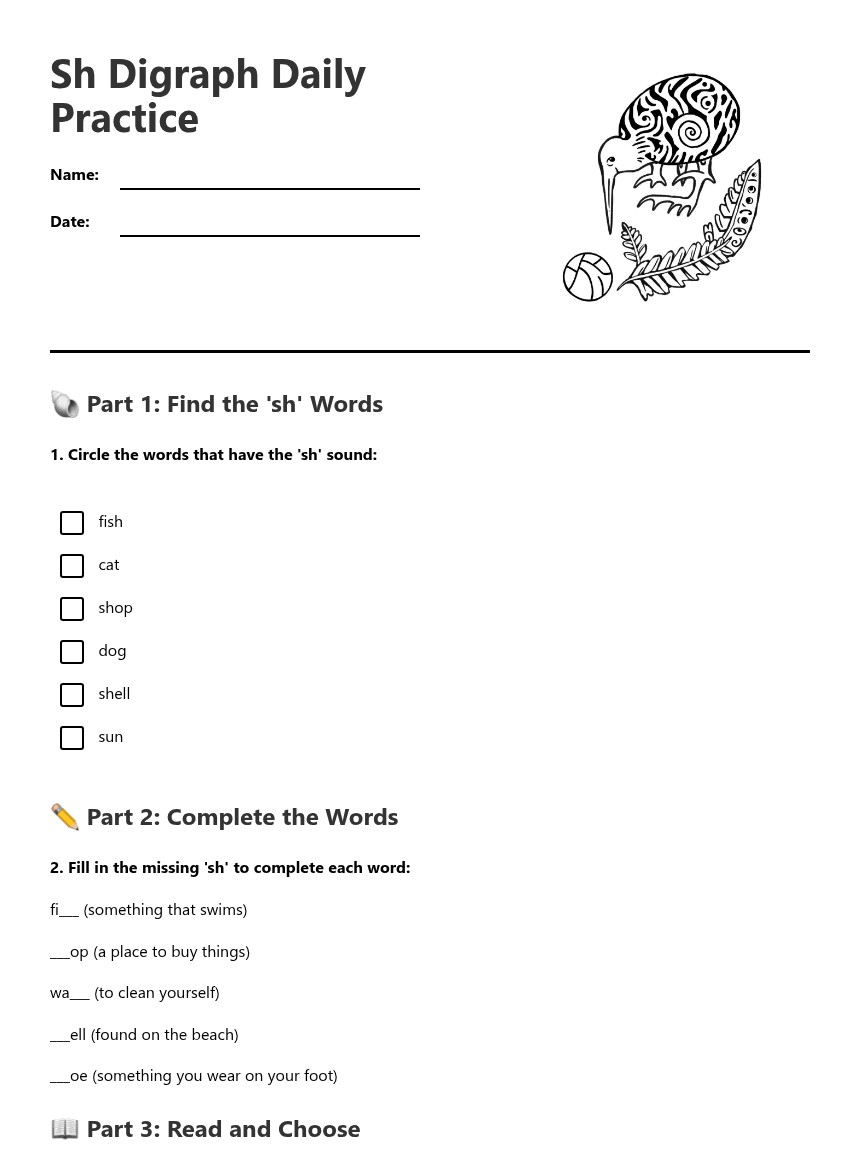 Sh Digraph Daily Practice worksheet preview