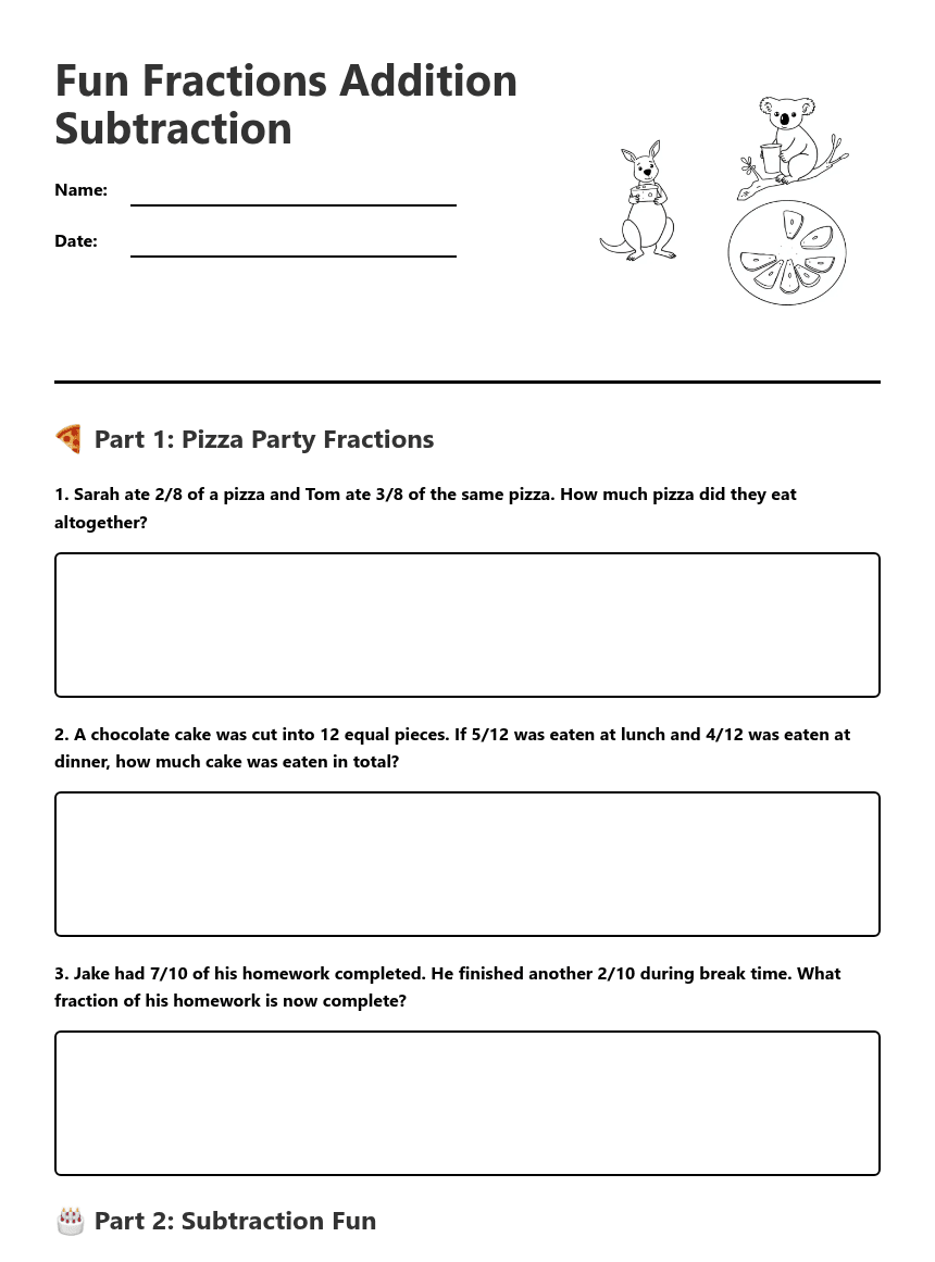 Fun Fractions Addition Subtraction worksheet preview