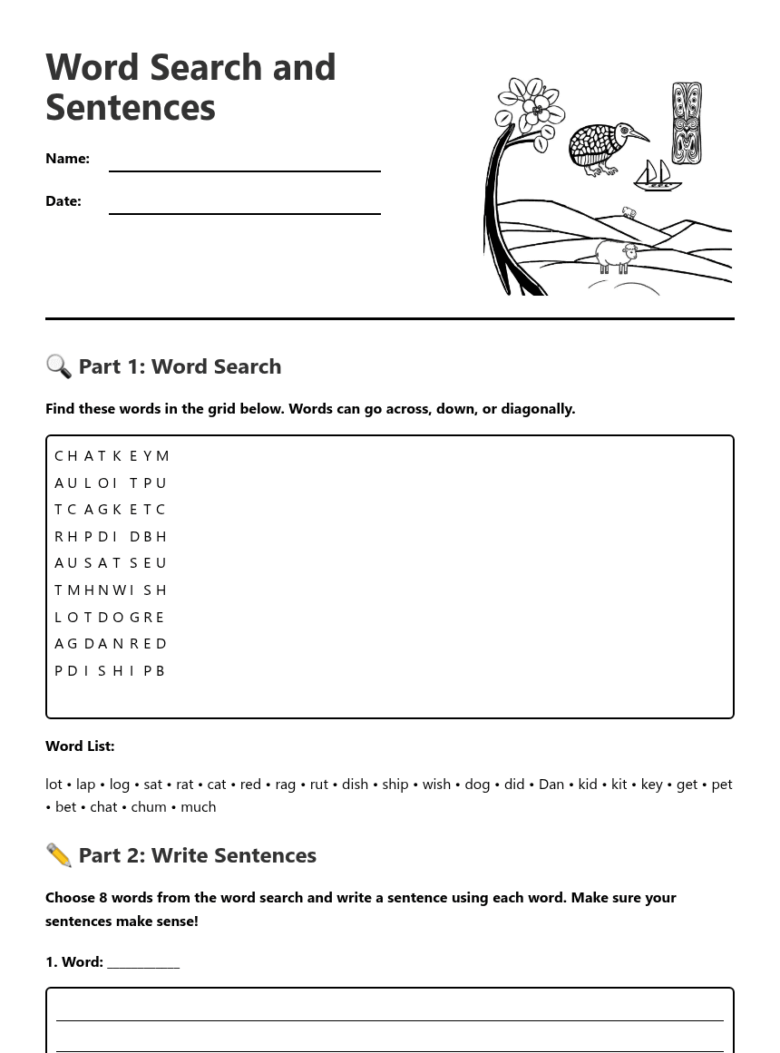 Word Search and Sentences worksheet preview