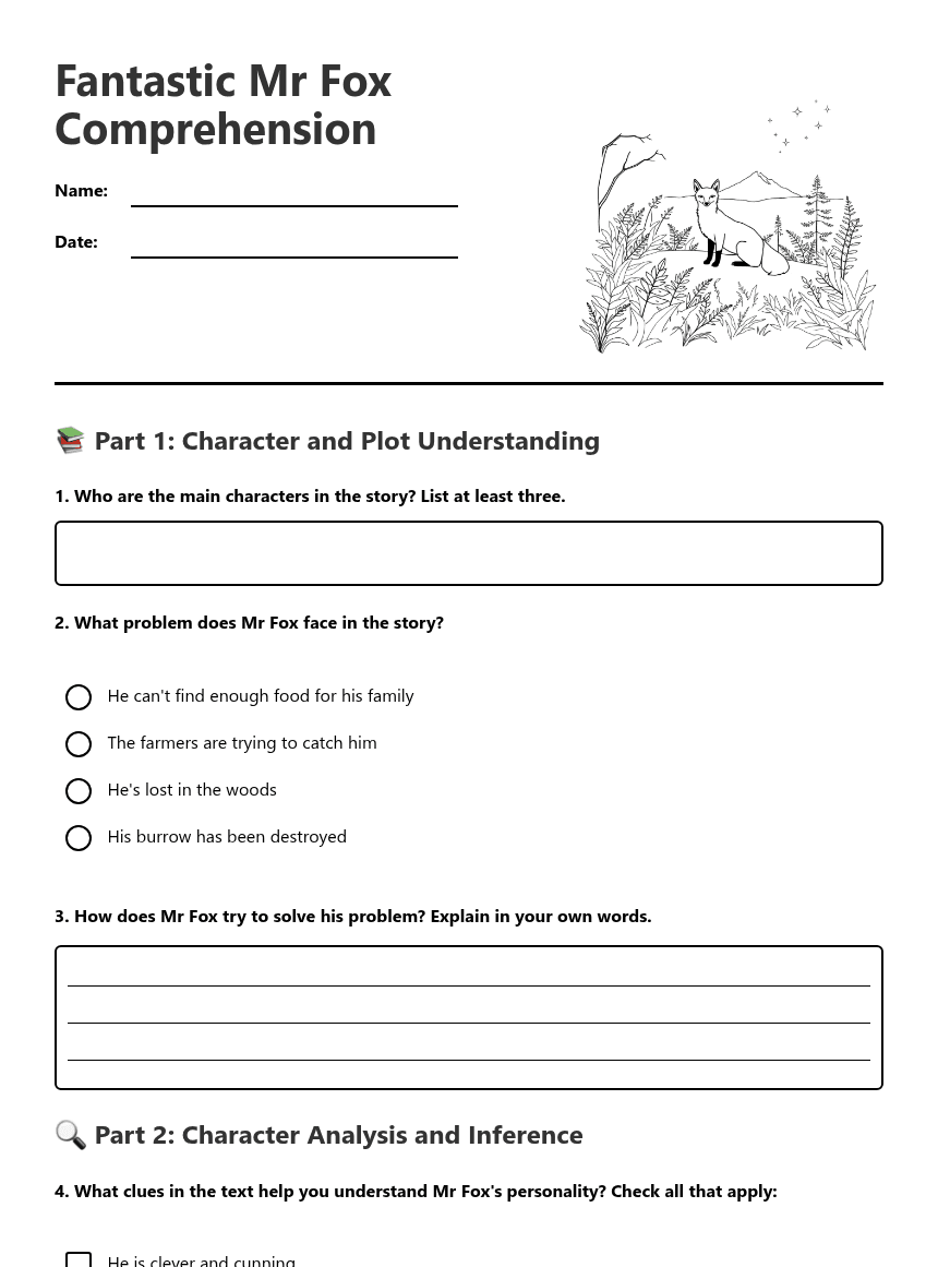 Fantastic Mr Fox Comprehension worksheet preview