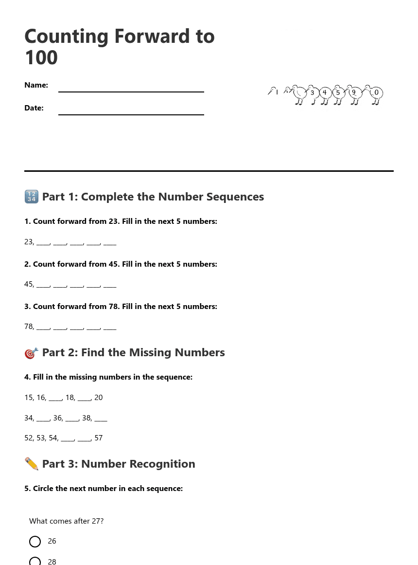 Counting Forward to 100 worksheet preview