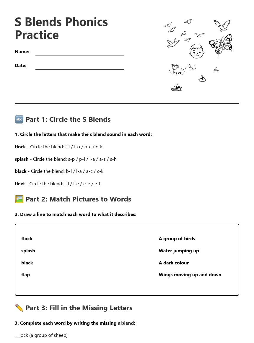 S Blends Phonics Practice worksheet preview
