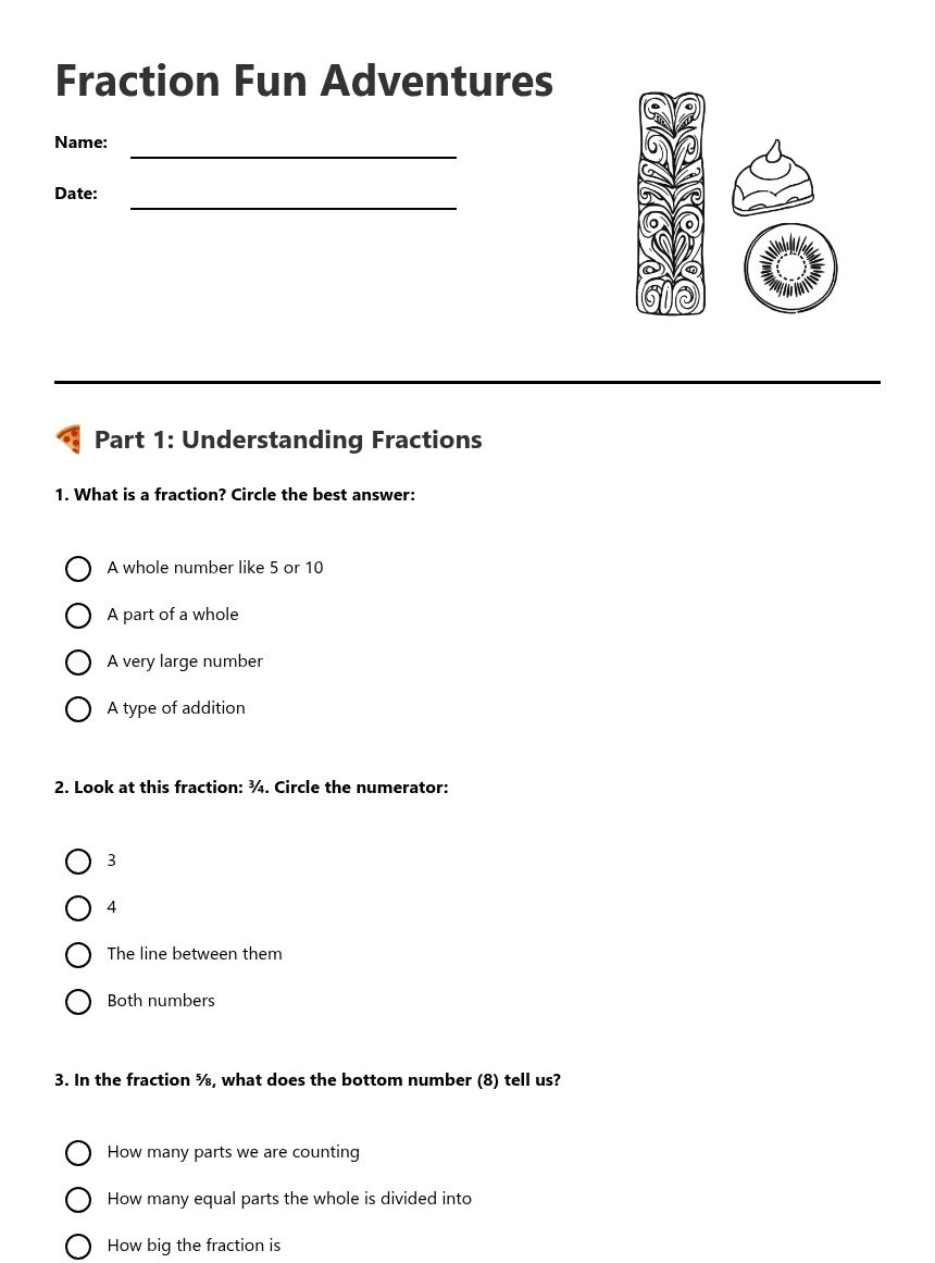 Fraction Fun Adventures worksheet preview