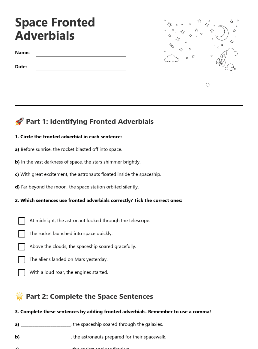 Space Fronted Adverbials worksheet preview