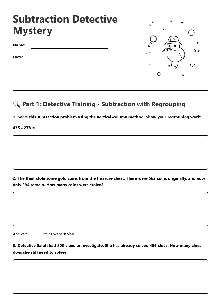 Subtraction Detective Mystery worksheet preview