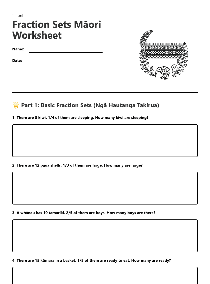Fraction Sets Māori Worksheet worksheet preview