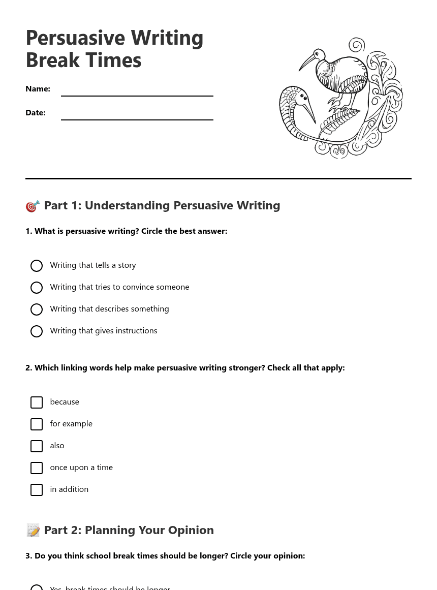Persuasive Writing Break Times worksheet preview