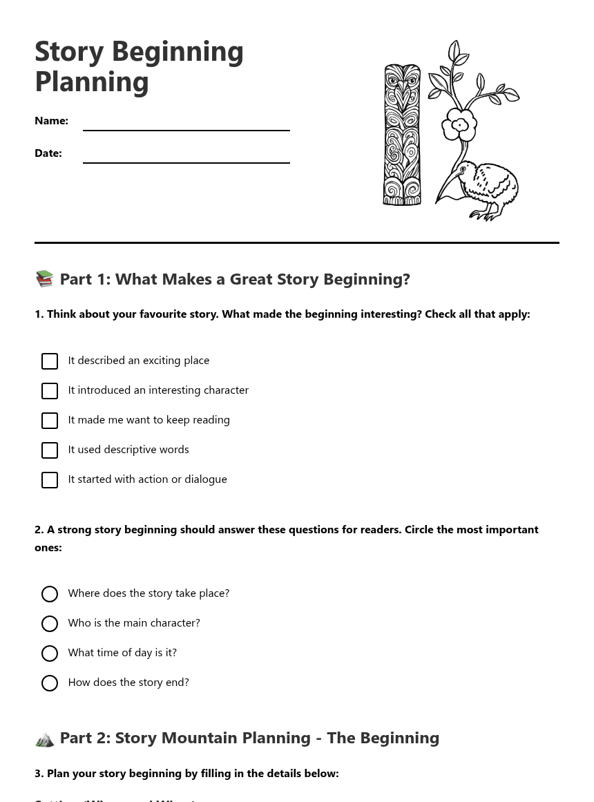 Story Beginning Planning worksheet preview