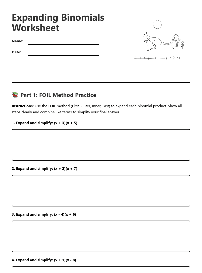 Expanding Binomials Worksheet worksheet preview