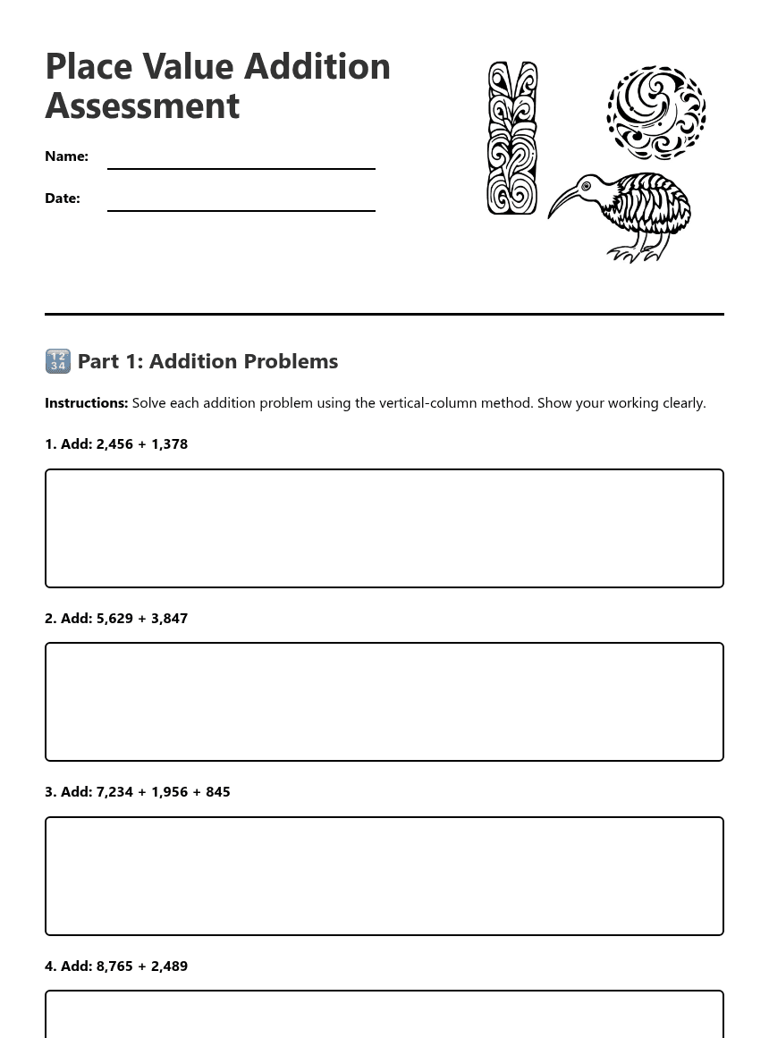 Place Value Addition Assessment worksheet preview