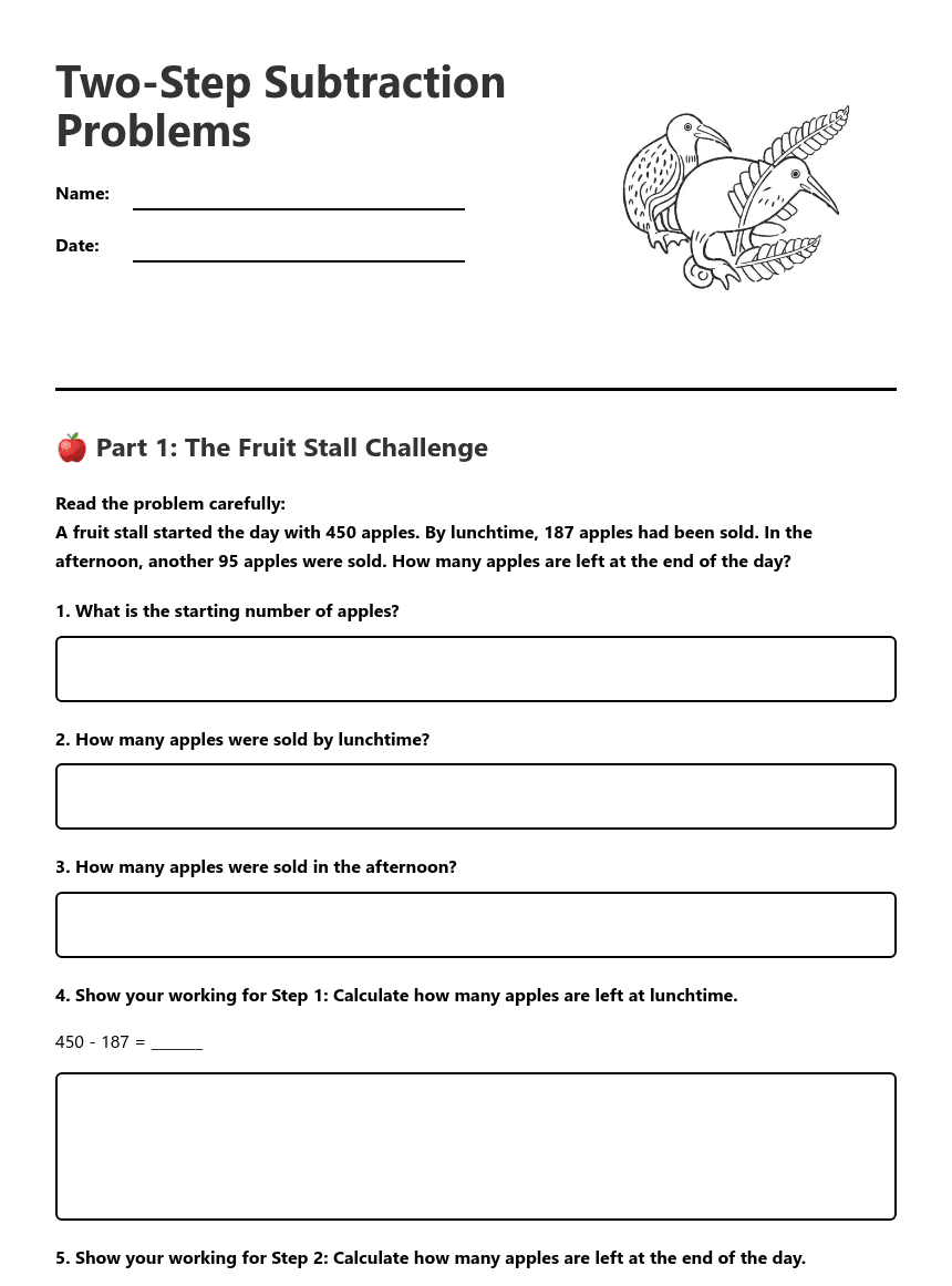 Two-Step Subtraction Problems worksheet preview