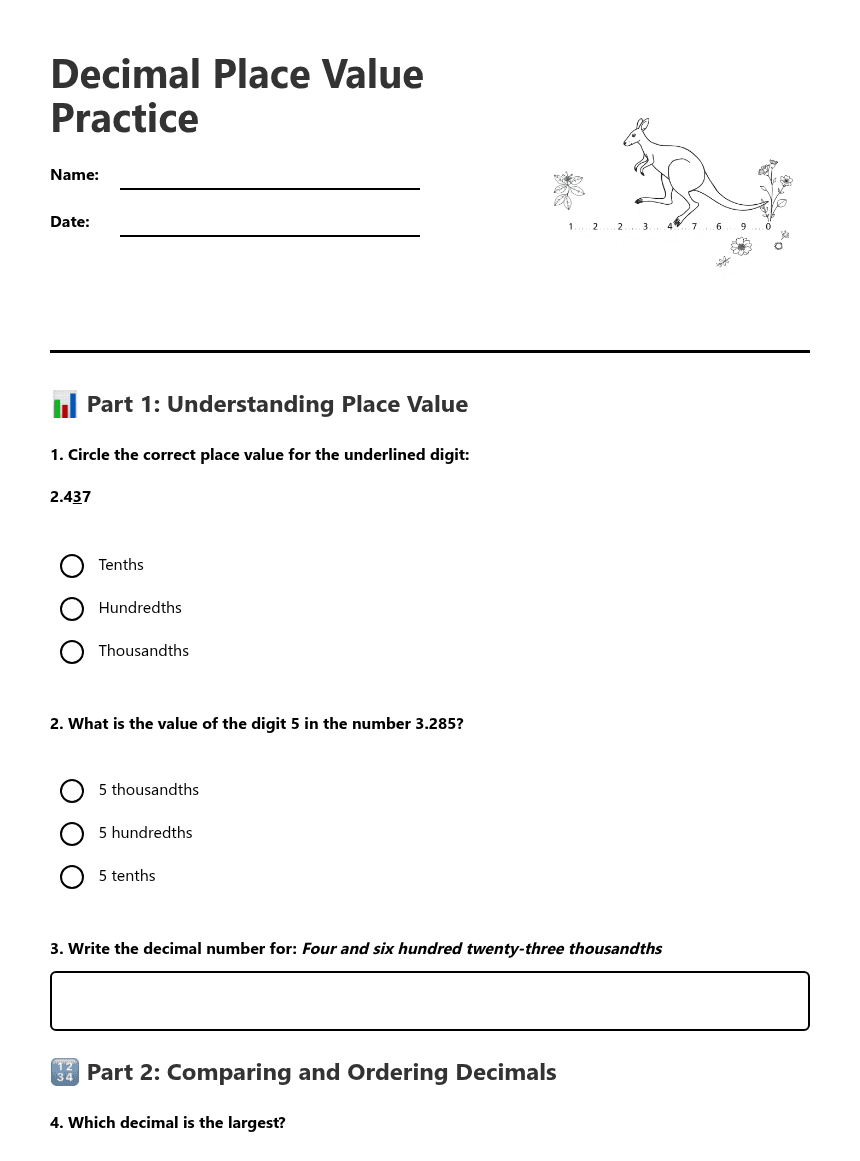 Decimal Place Value Practice worksheet preview