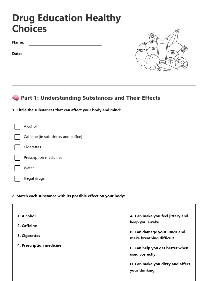 Drug Education Healthy Choices worksheet preview