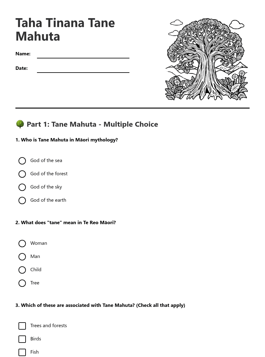 Taha Tinana Tane Mahuta worksheet preview