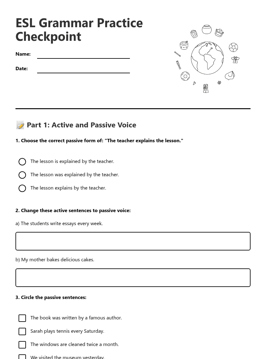 ESL Grammar Practice Checkpoint worksheet preview