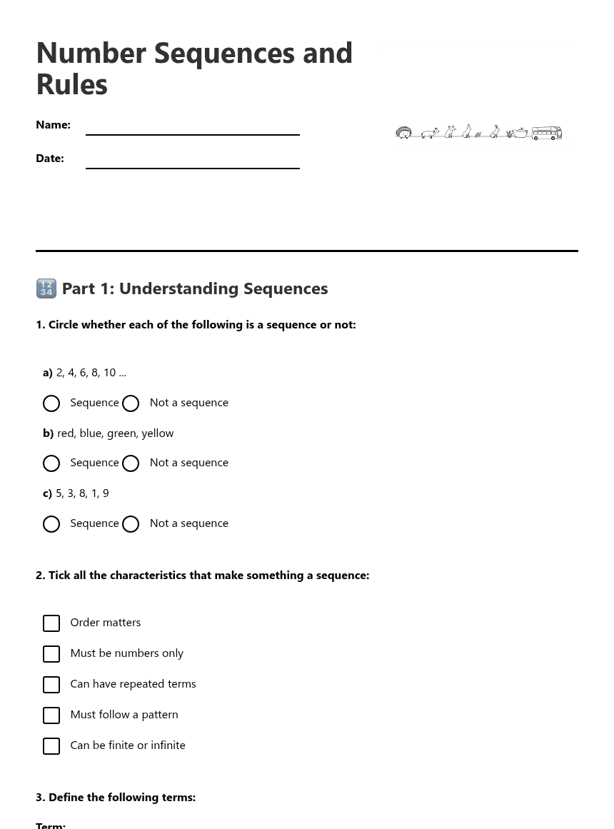Number Sequences and Rules worksheet preview
