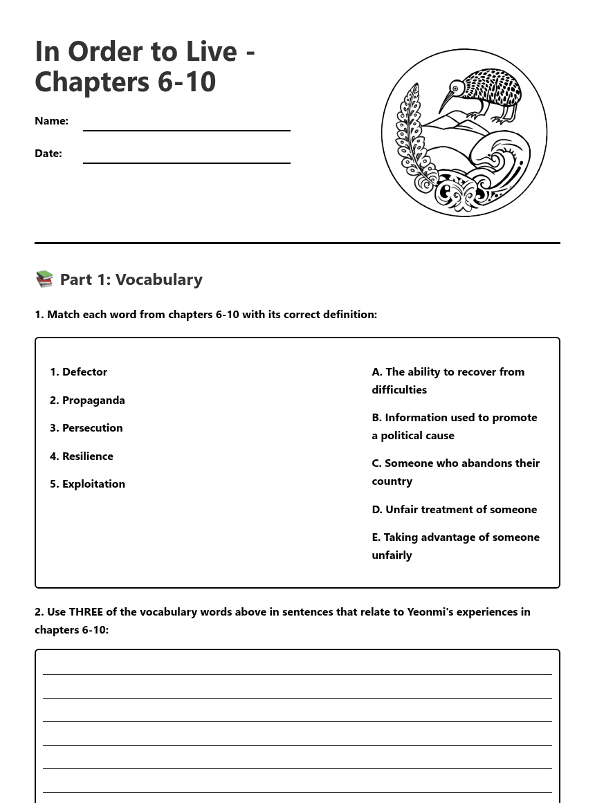 In Order to Live worksheet preview