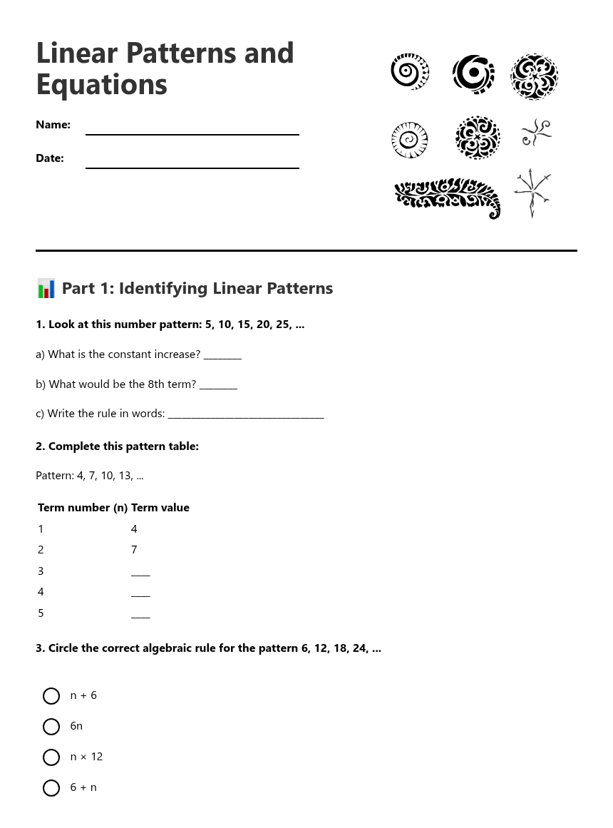Linear Patterns and Equations worksheet preview