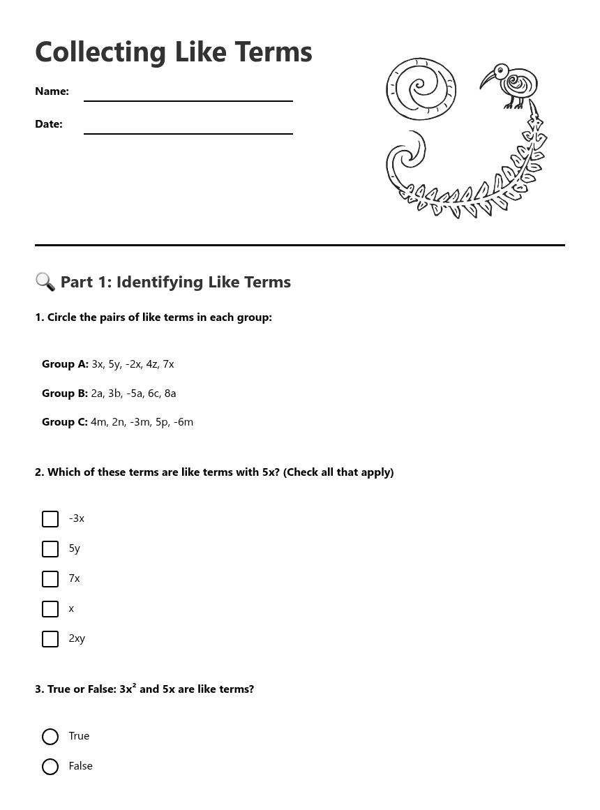 Collecting Like Terms worksheet preview