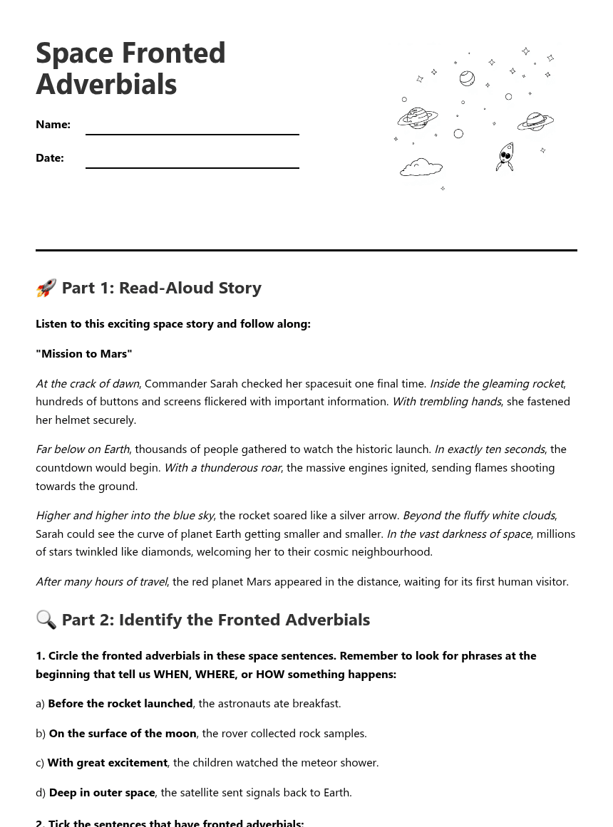 Space Fronted Adverbials worksheet preview