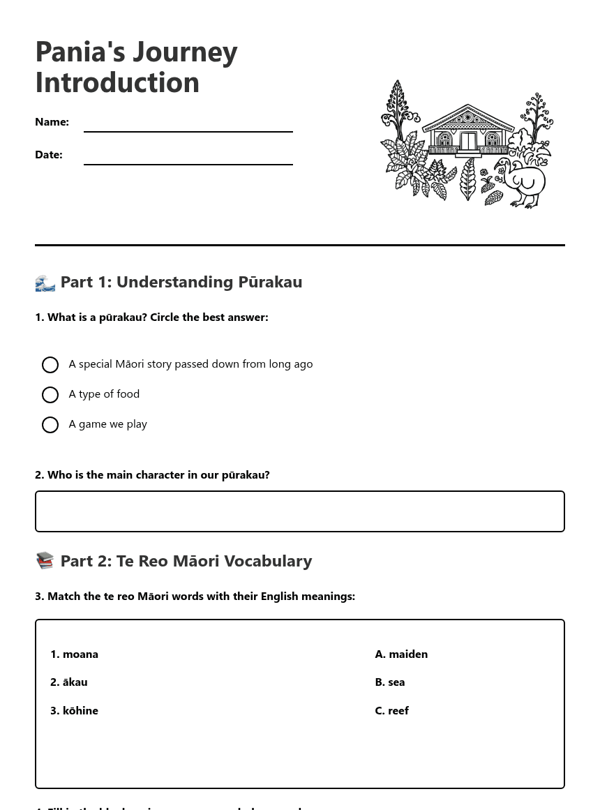 Pania's Journey Introduction worksheet preview