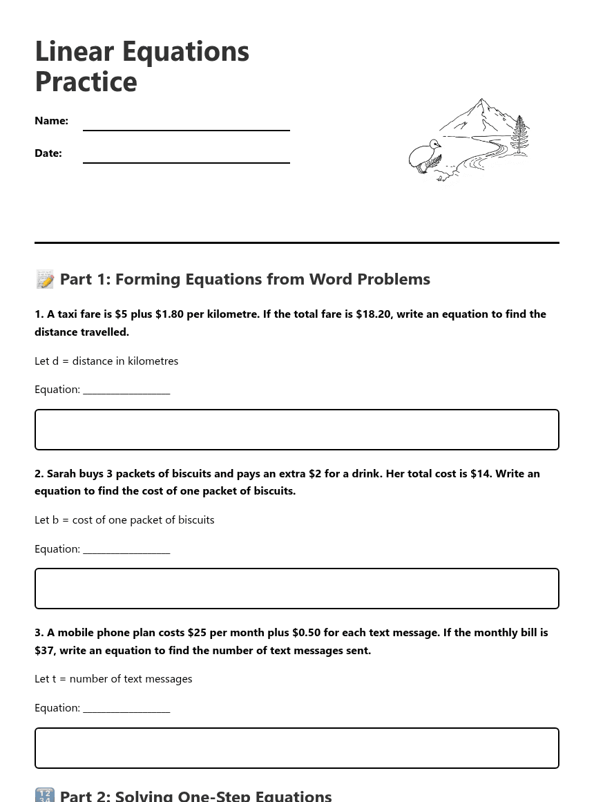 Linear Equations Practice worksheet preview