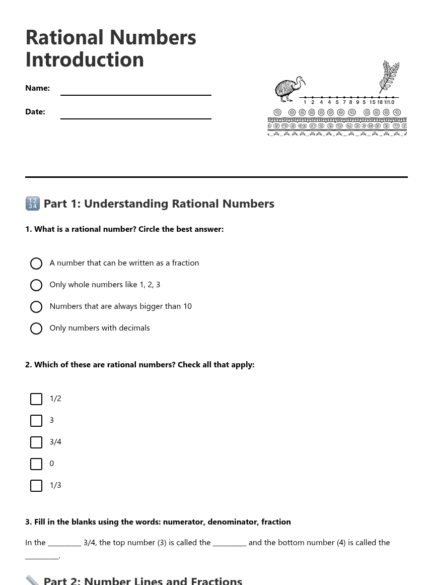 Rational Numbers Introduction worksheet preview