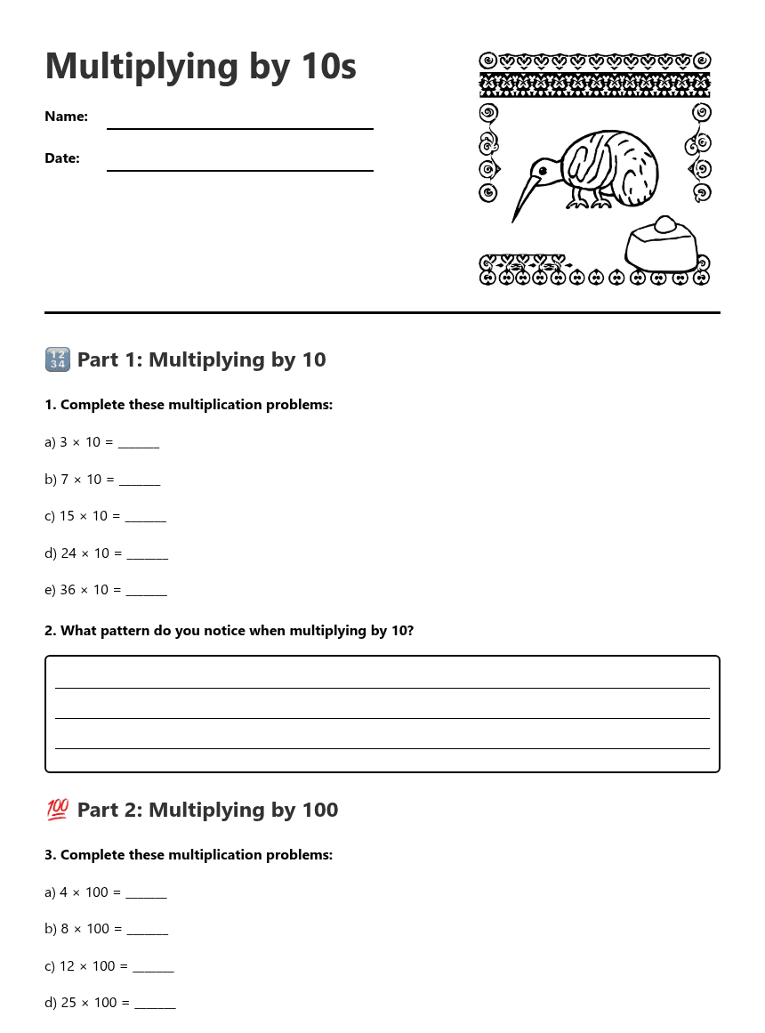 Multiplying by 10s worksheet preview