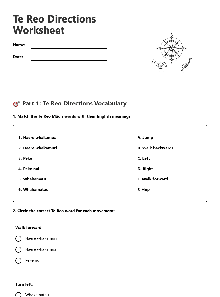 Te Reo Directions Worksheet worksheet preview