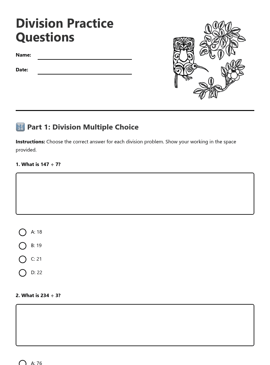 Division Practice Questions worksheet preview