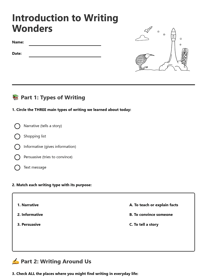Introduction to Writing Wonders worksheet preview