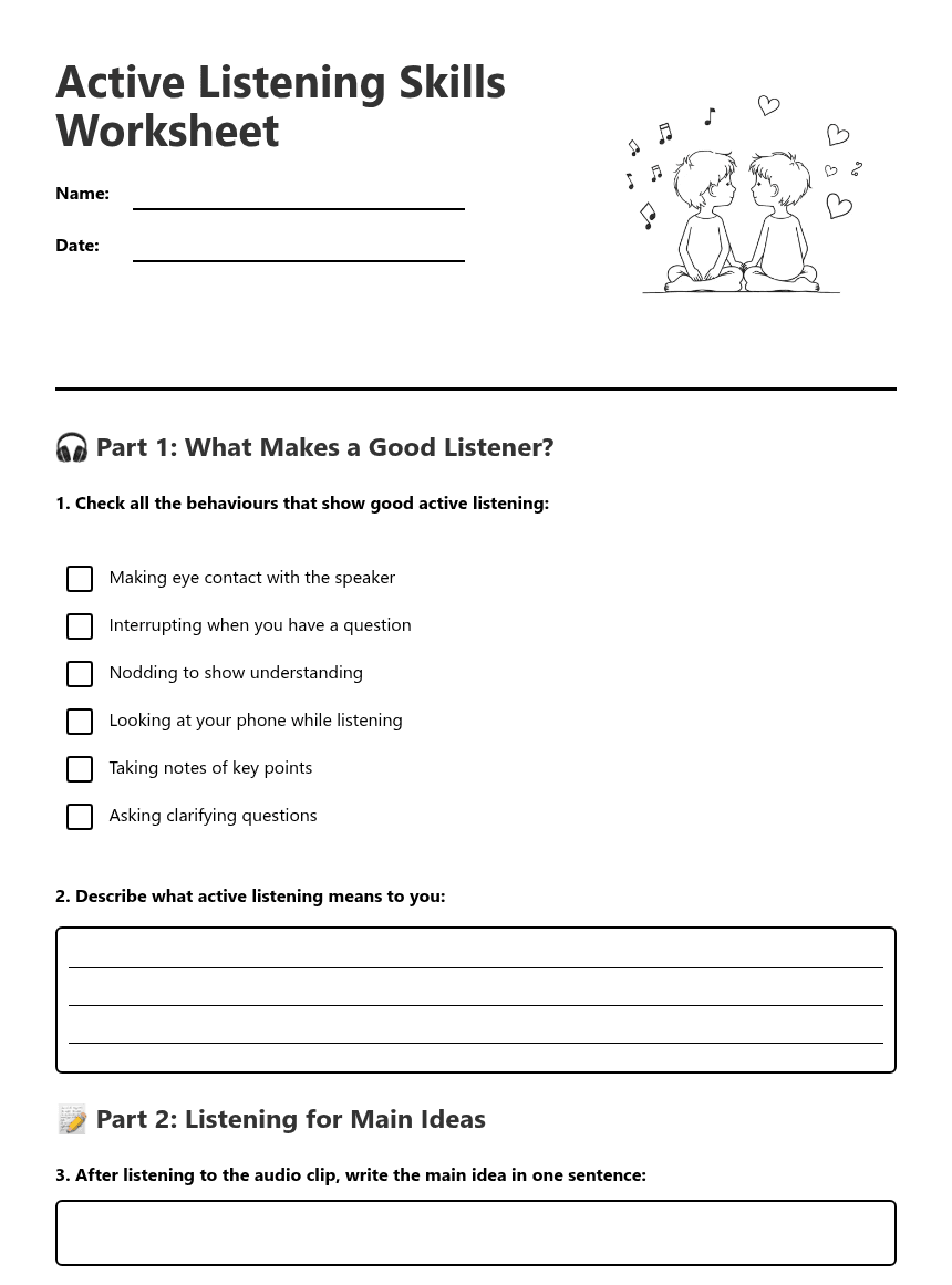 Active Listening Skills Worksheet worksheet preview