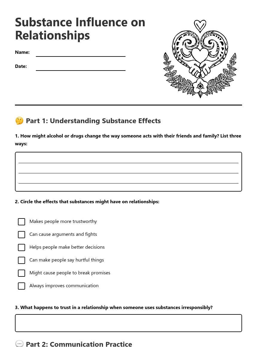 Substance Influence on Relationships worksheet preview