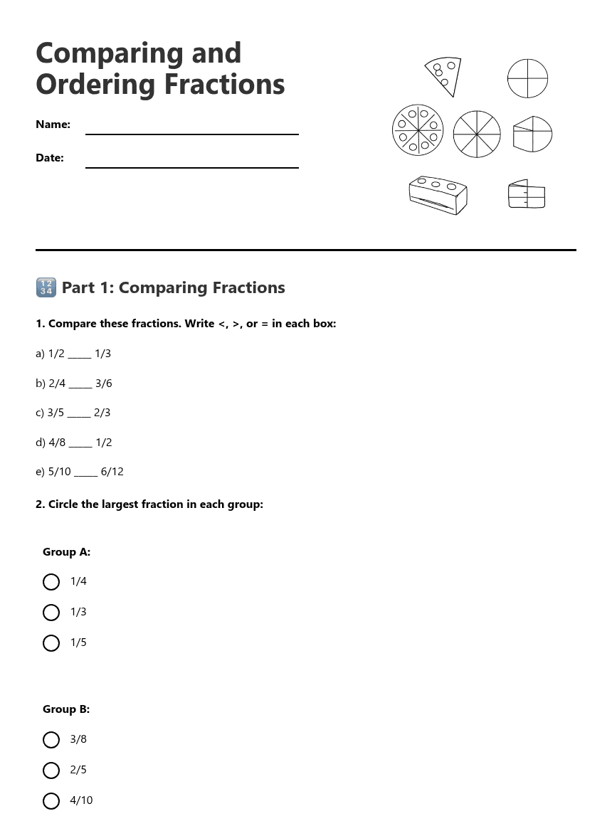Comparing and Ordering Fractions worksheet preview